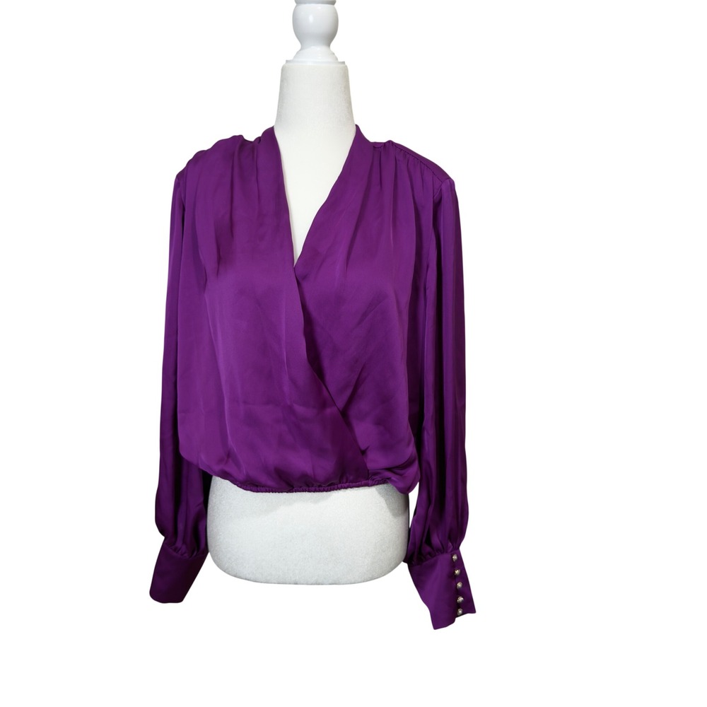 Express‎ Purple Satin Surplice Wrap Blouse Pearl Button Cuff Small